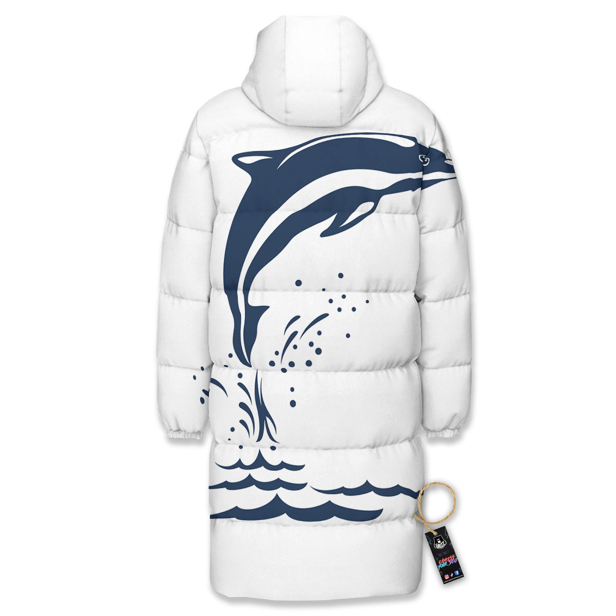 Dolphins Jump On Waves Print Long Down Jacket-grizzshop