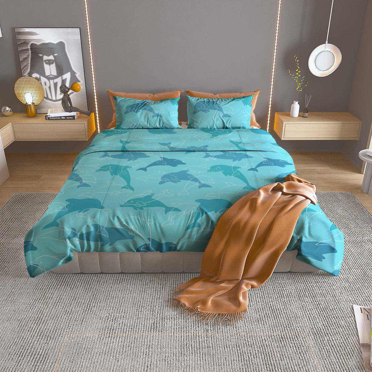 Dolphins Vintage Print Pattern Duvet Cover Bedding Set