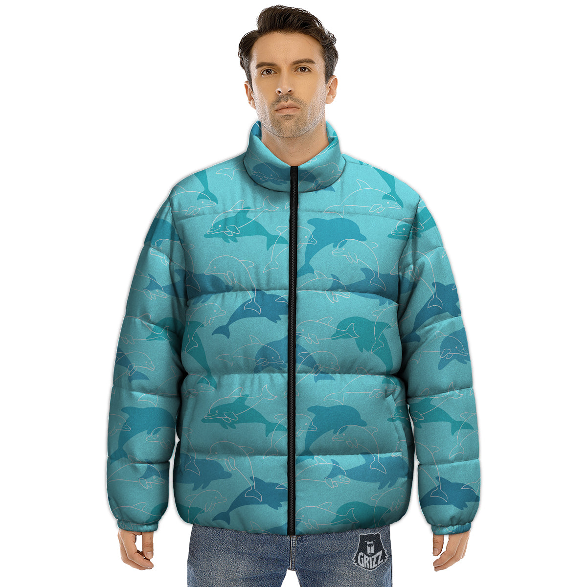 Dolphins Vintage Print Pattern Puffer Jacket-grizzshop