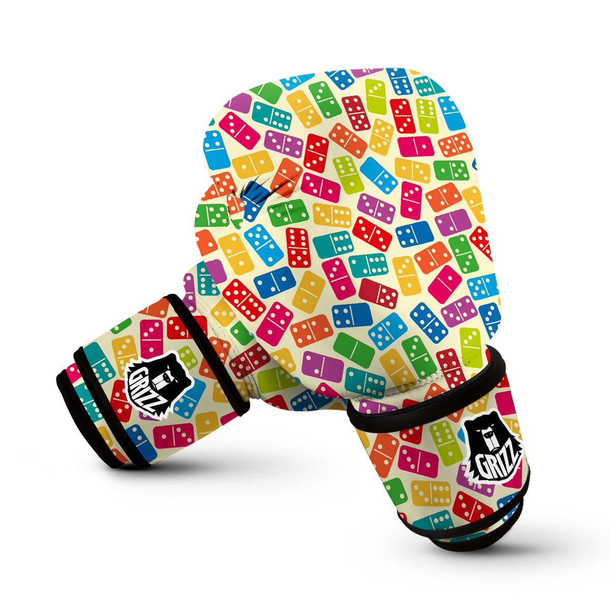 Domino Beige And Colorful Print Pattern Boxing Gloves-grizzshop