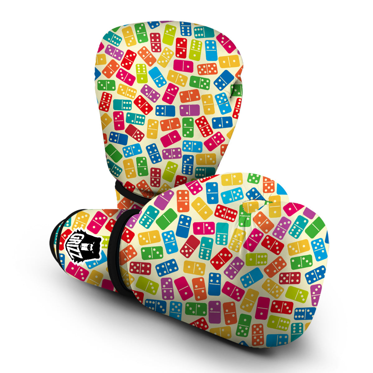 Domino Beige And Colorful Print Pattern Boxing Gloves-grizzshop