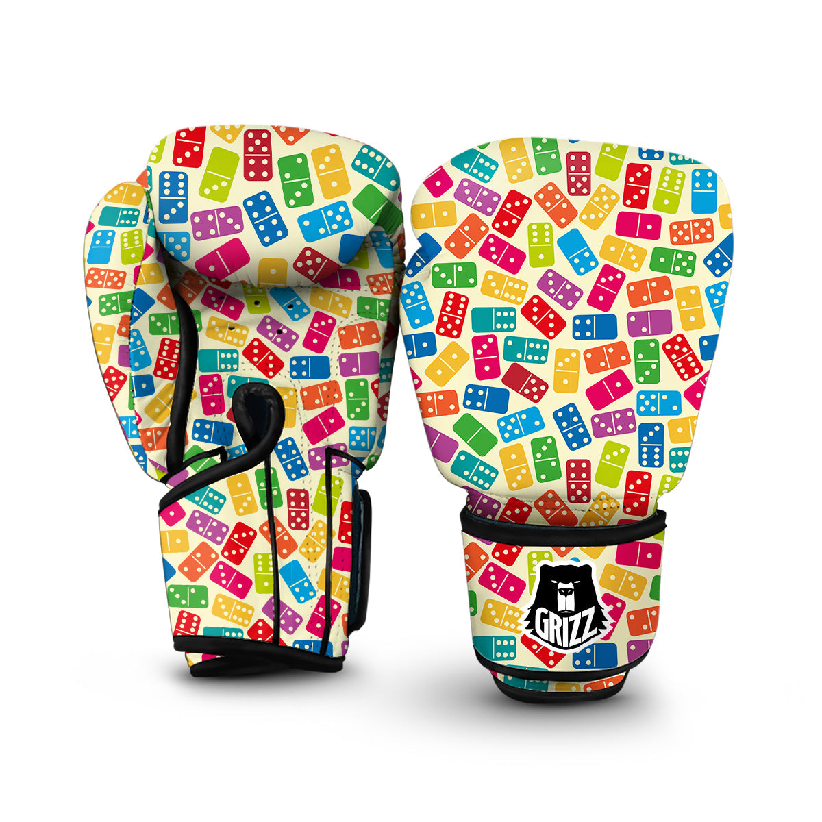 Domino Beige And Colorful Print Pattern Boxing Gloves-grizzshop