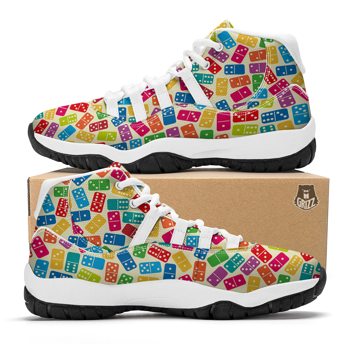 Domino Beige And Colorful Print Pattern White Bball Shoes-grizzshop