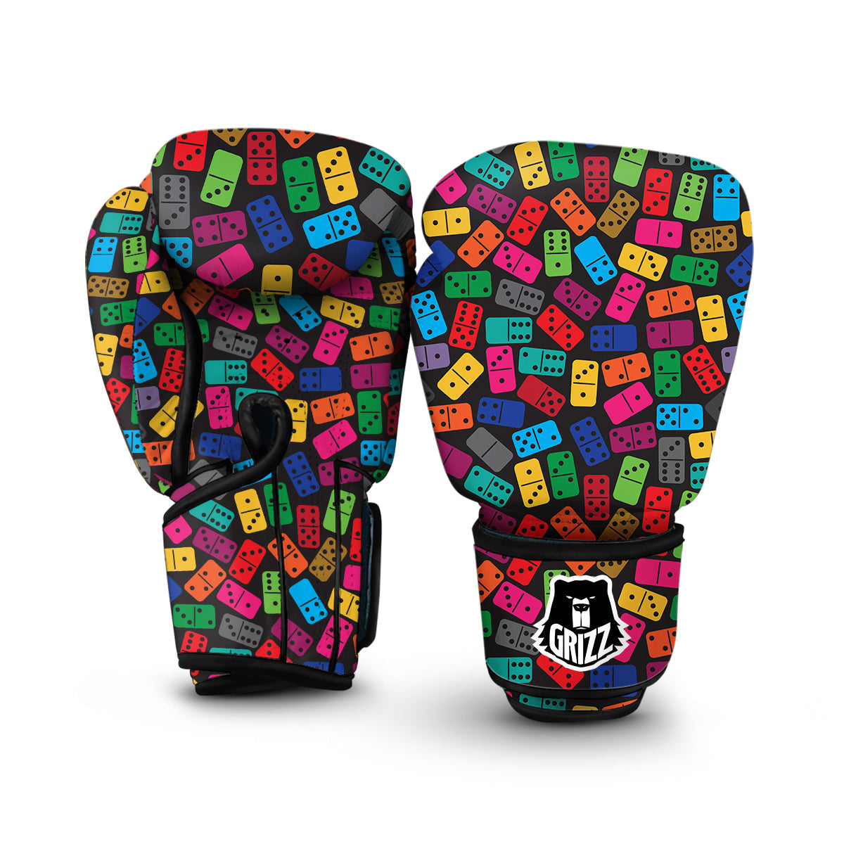 Domino Black And Colorful Print Pattern Boxing Gloves-grizzshop