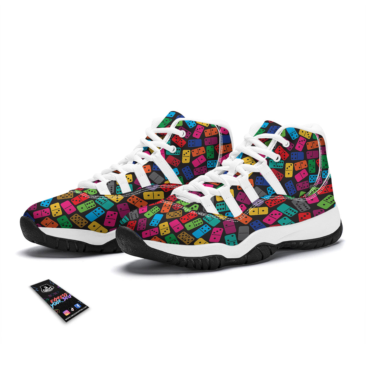 Domino Black And Colorful Print Pattern White Bball Shoes-grizzshop