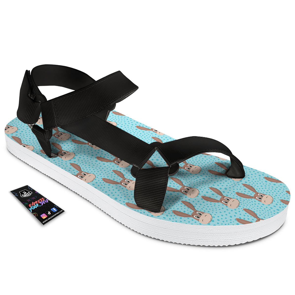 Donkey Cute Cartoon Print Pattern Black Open Toe Sandals-grizzshop