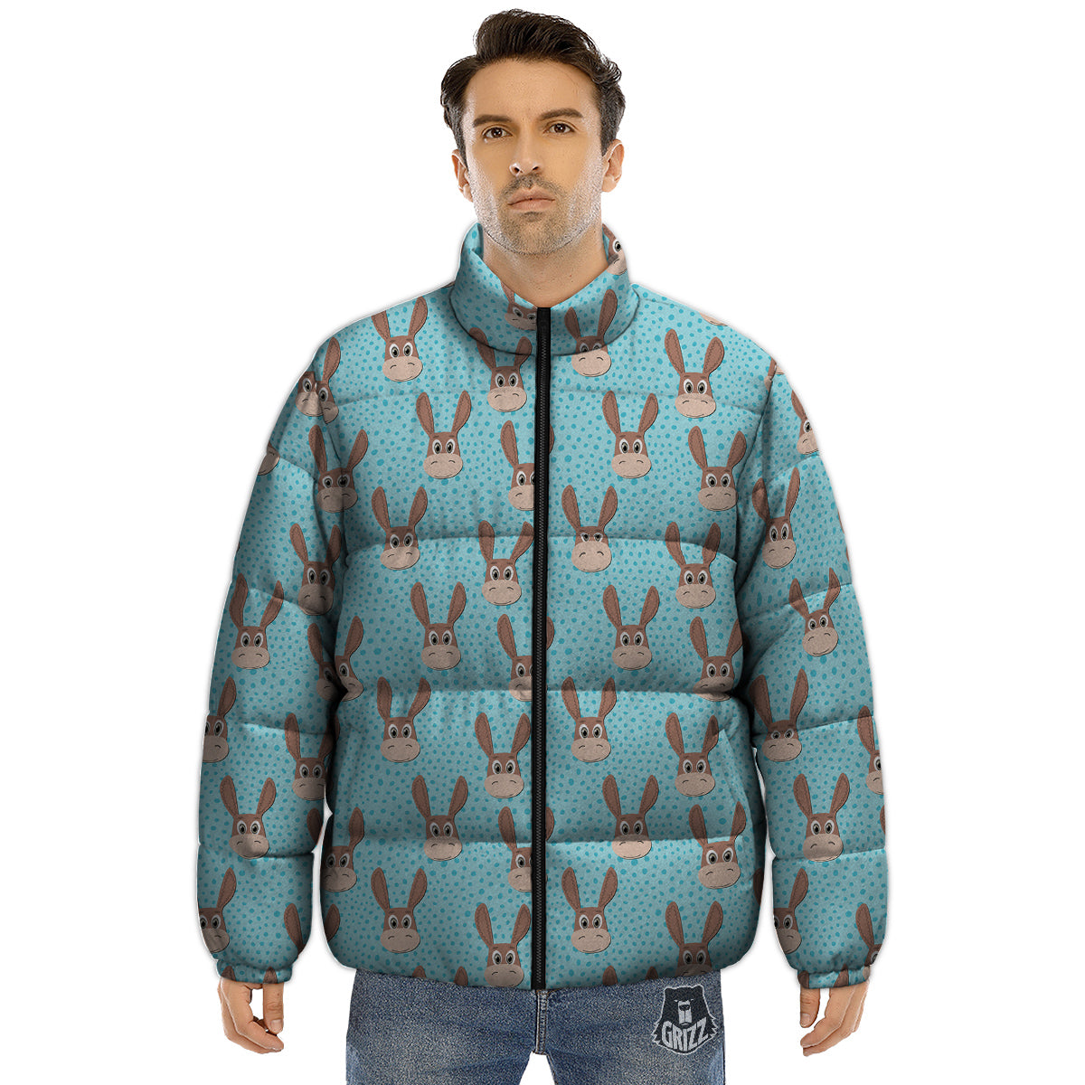 Donkey Cute Cartoon Print Pattern Puffer Jacket-grizzshop