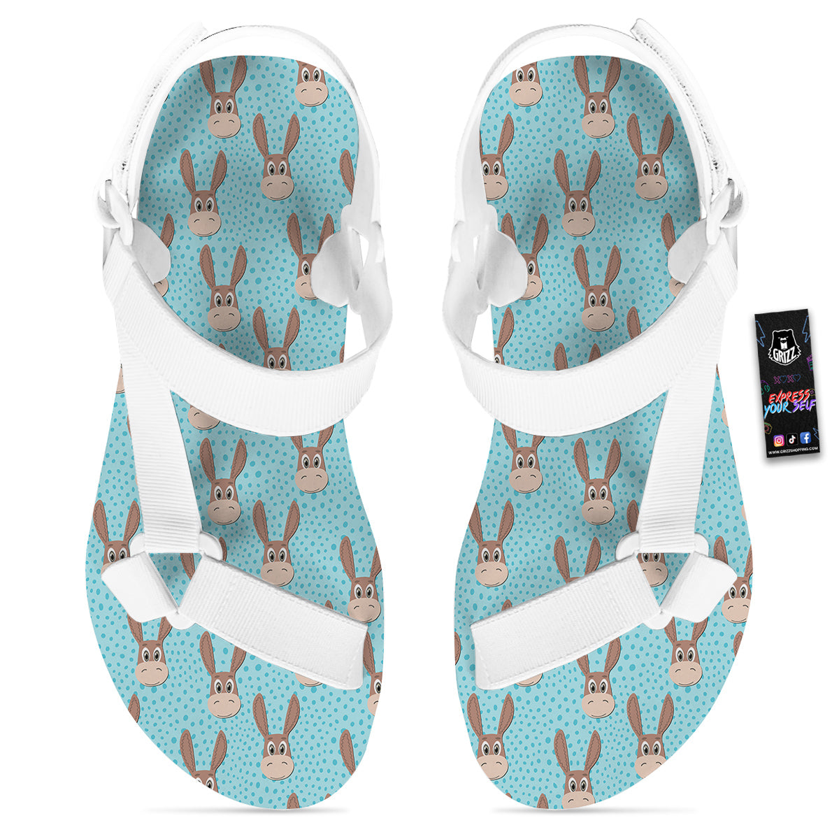 Donkey Cute Cartoon Print Pattern White Open Toe Sandals-grizzshop