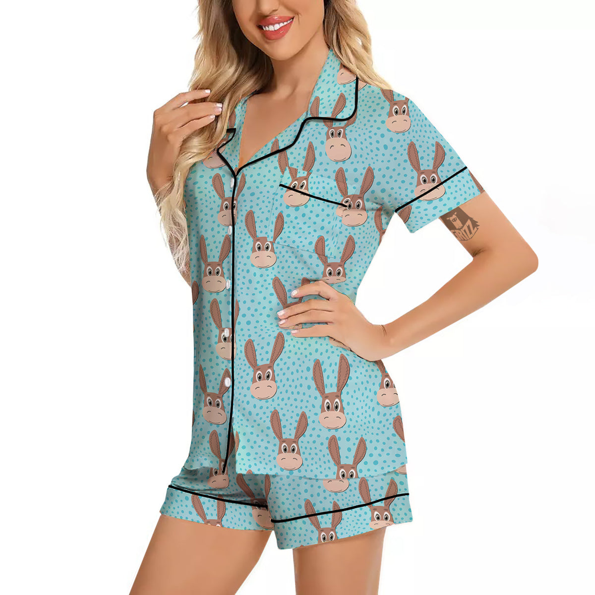 Donkey Cute Cartoon Print Pattern Women Silk Pajamas-grizzshop