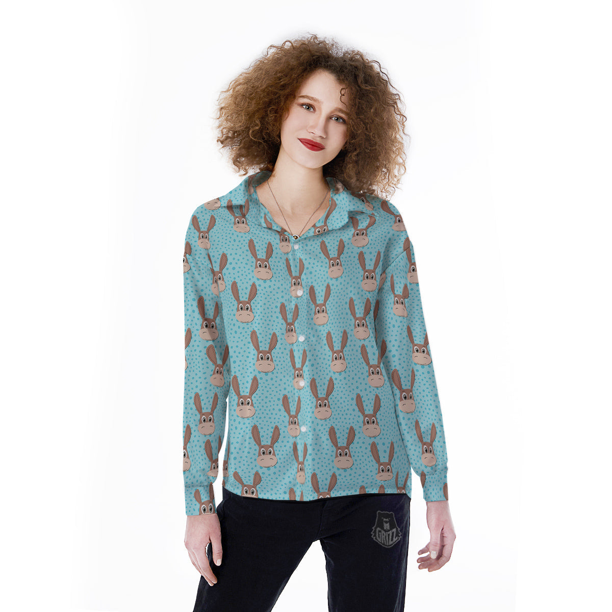 Donkey Cute Cartoon Print Pattern Women's Long Sleeve Shirts-grizzshop