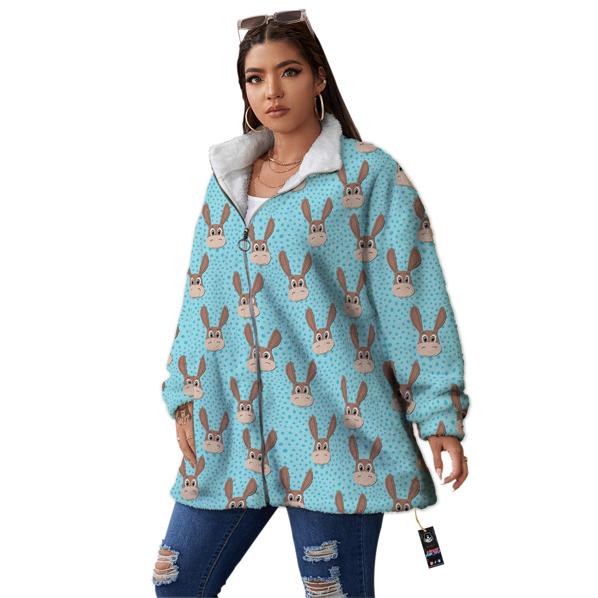 Donkey Cute Cartoon Print Pattern Women's Sherpa Jacket-grizzshop