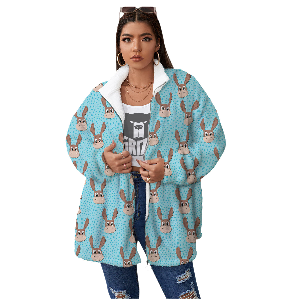 Donkey Cute Cartoon Print Pattern Women's Sherpa Jacket-grizzshop