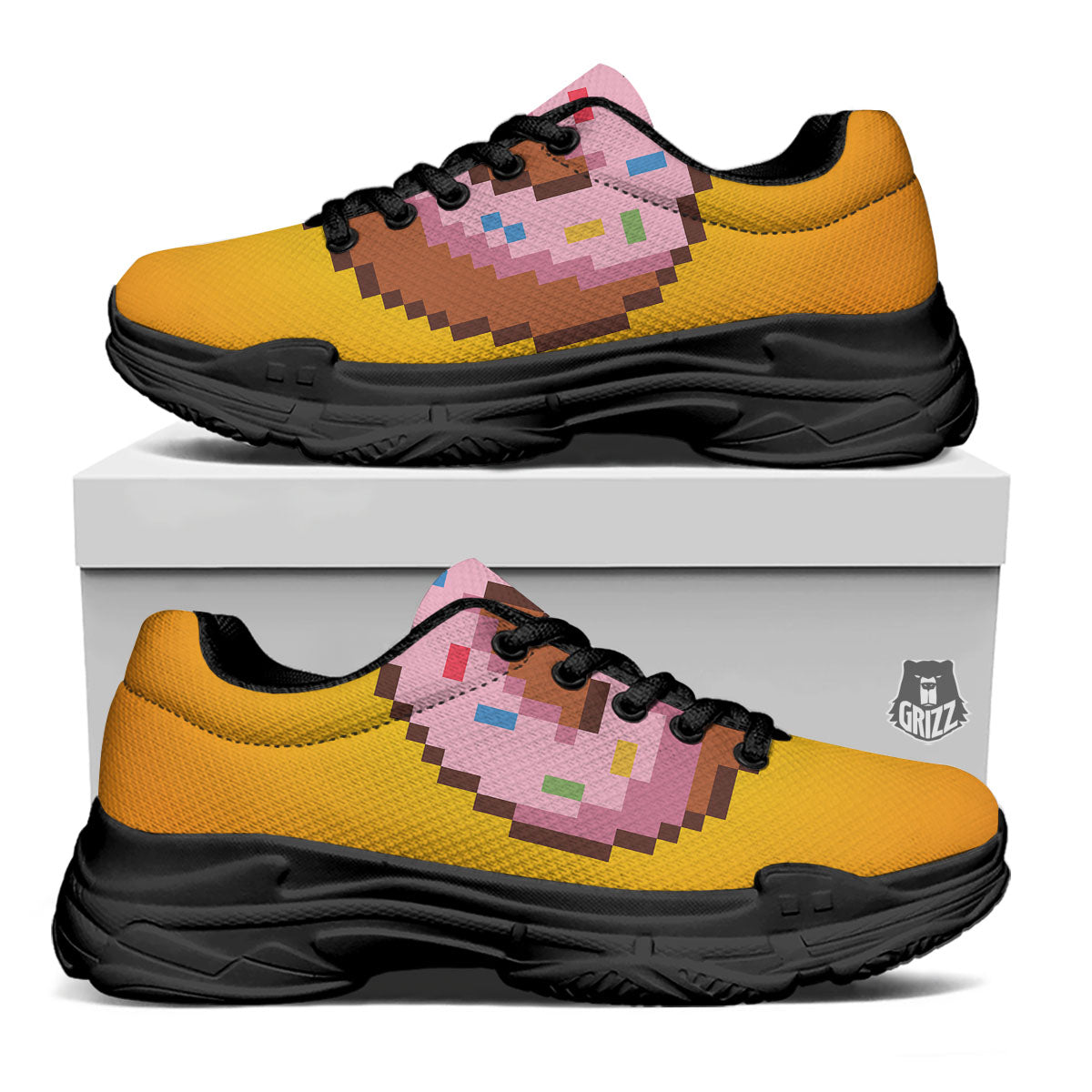 Donut 8-Bit Pixel Print Black Chunky Shoes-grizzshop