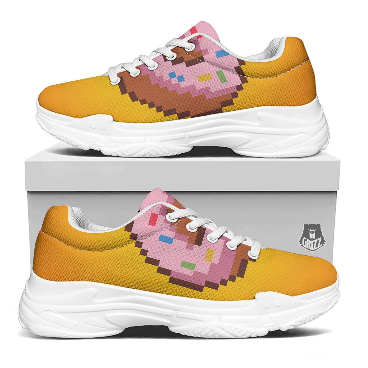 Donut 8-Bit Pixel Print White Chunky Shoes-grizzshop