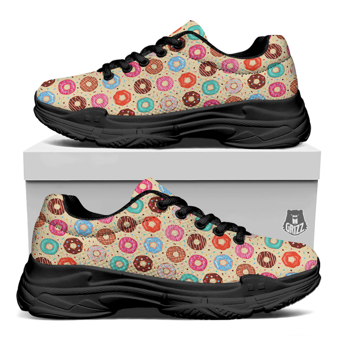 Donut Colorful Print Pattern Black Chunky Shoes-grizzshop