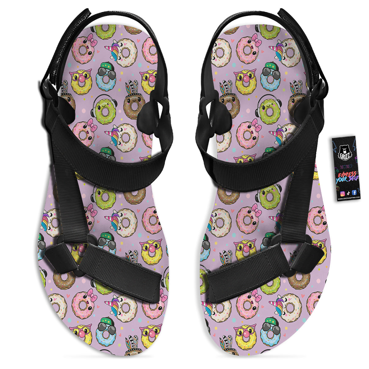 Donut Cute Print Pattern Black Open Toe Sandals-grizzshop