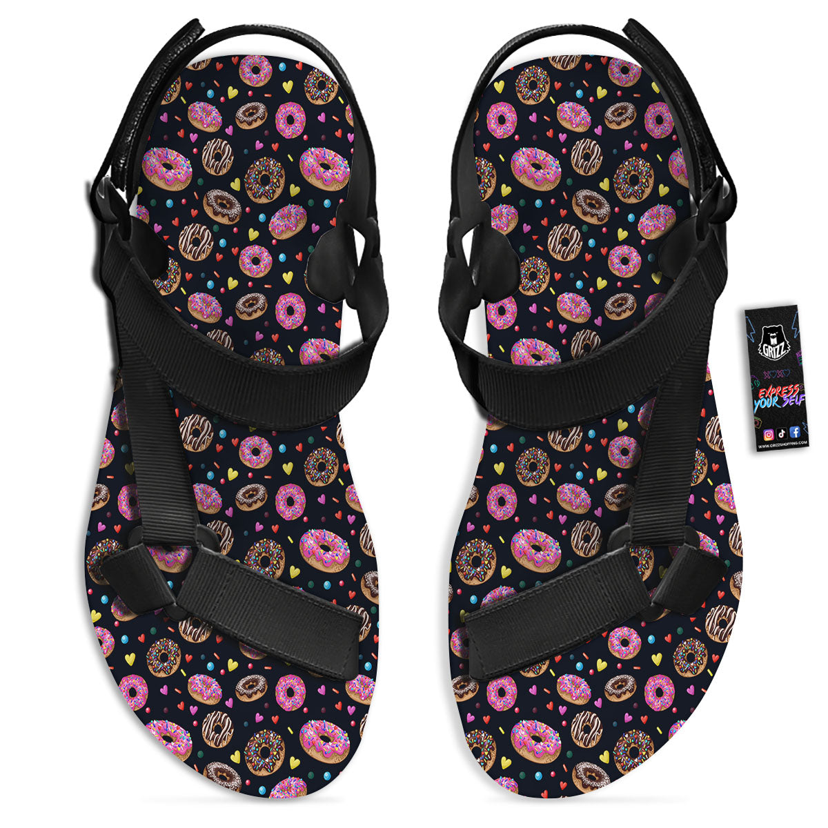 Donut Glaze Print Pattern Black Open Toe Sandals-grizzshop