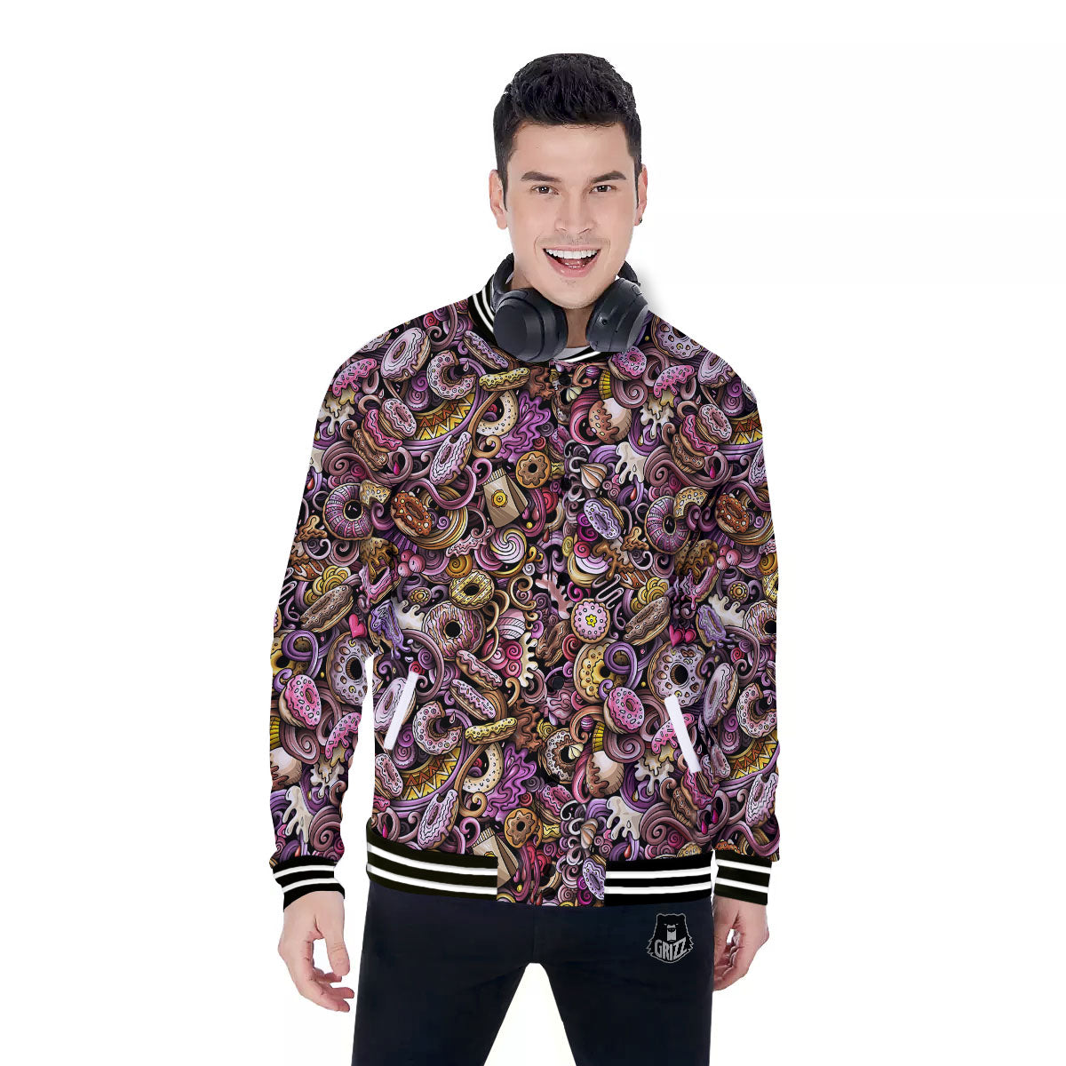 Donut Graffiti Print Pattern Baseball Jacket-grizzshop