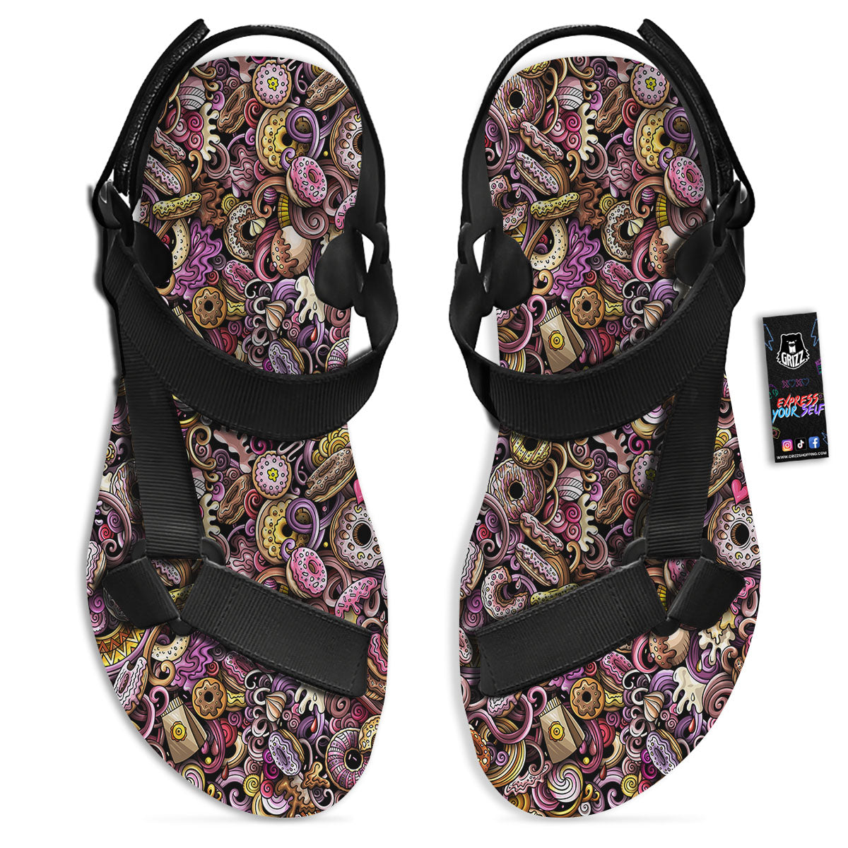 Donut Graffiti Print Pattern Black Open Toe Sandals-grizzshop