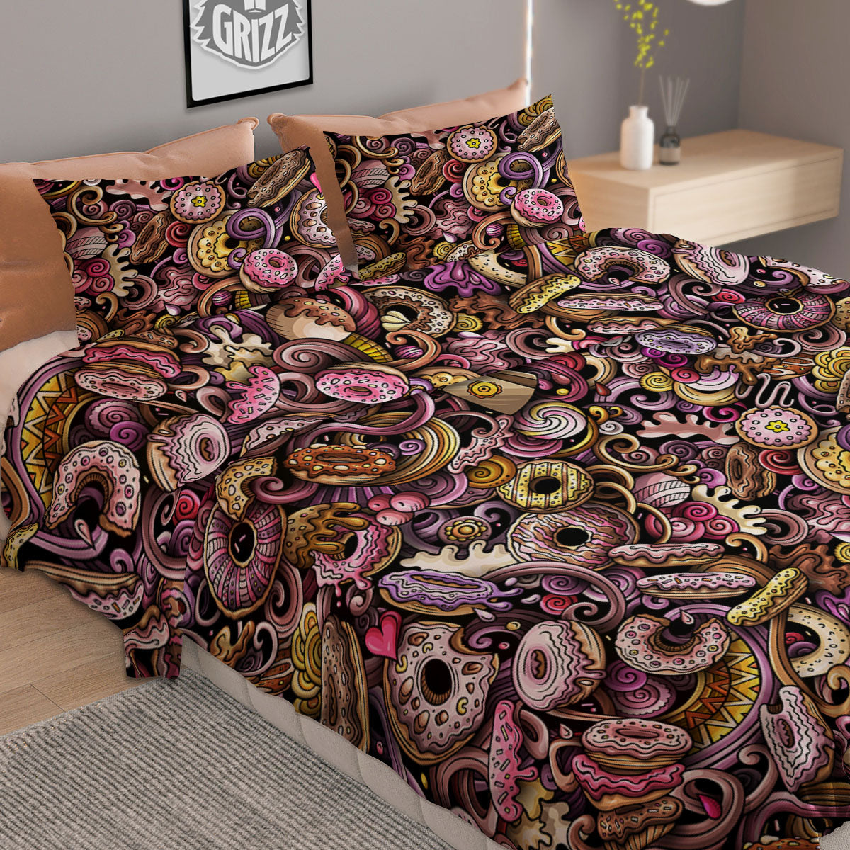 Donut Graffiti Print Pattern Duvet Cover Bedding Set