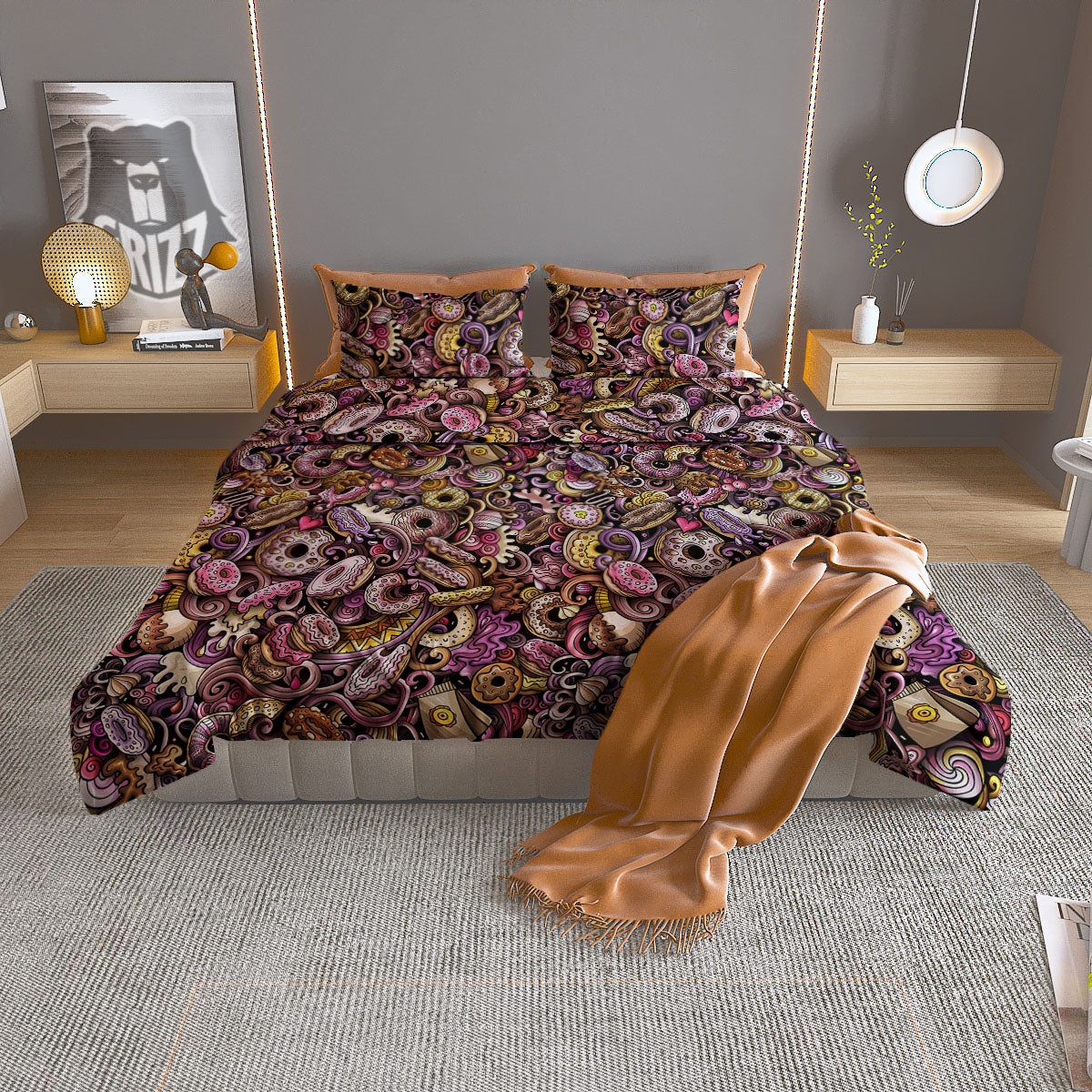 Donut Graffiti Print Pattern Duvet Cover Bedding Set