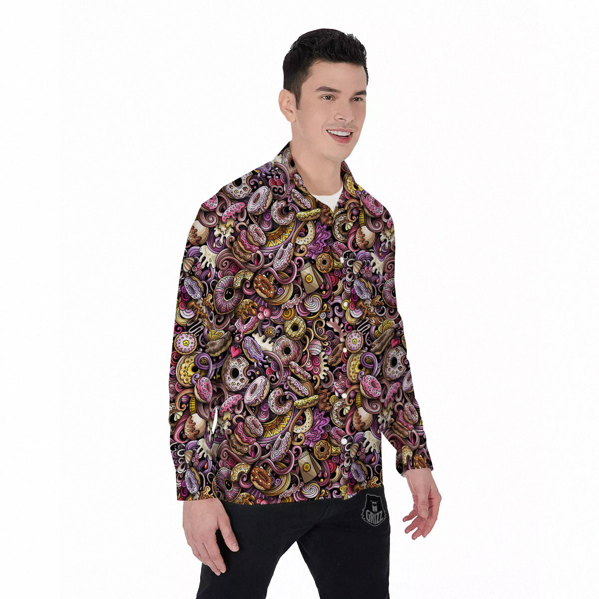 Donut Graffiti Print Pattern Men's Long Sleeve Shirts-grizzshop