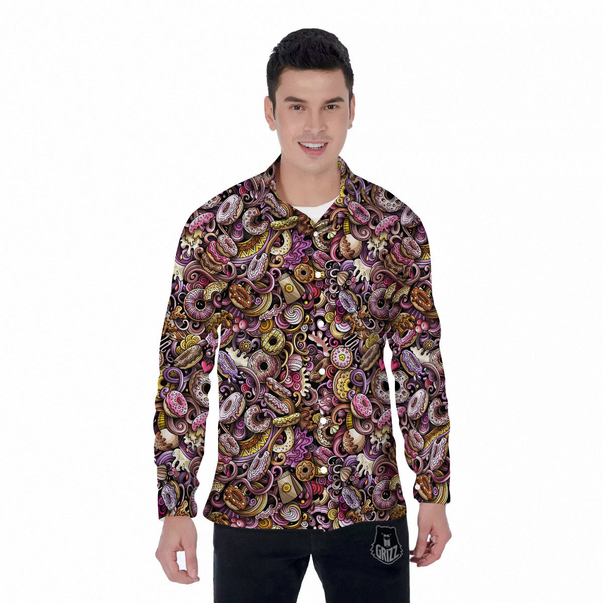 Donut Graffiti Print Pattern Men's Long Sleeve Shirts-grizzshop