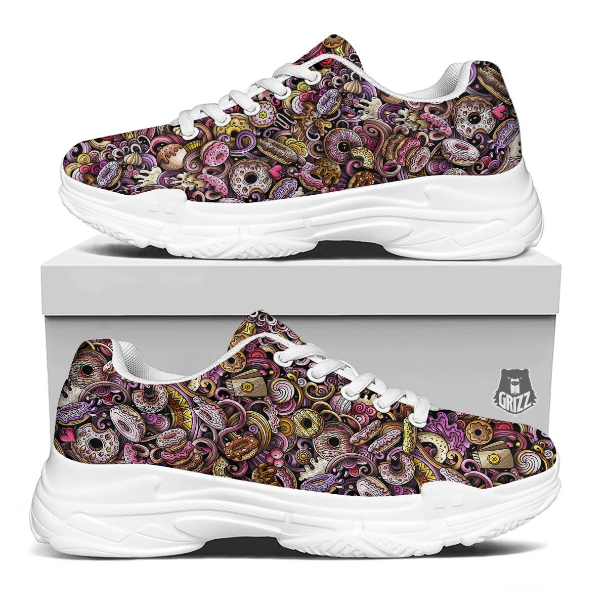 Donut Graffiti Print Pattern White Chunky Shoes-grizzshop