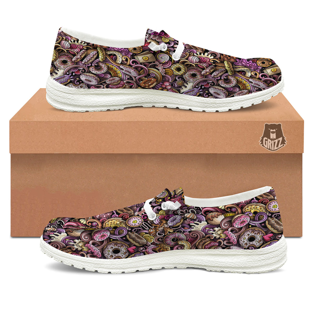 Donut Graffiti Print Pattern White Loafers-grizzshop