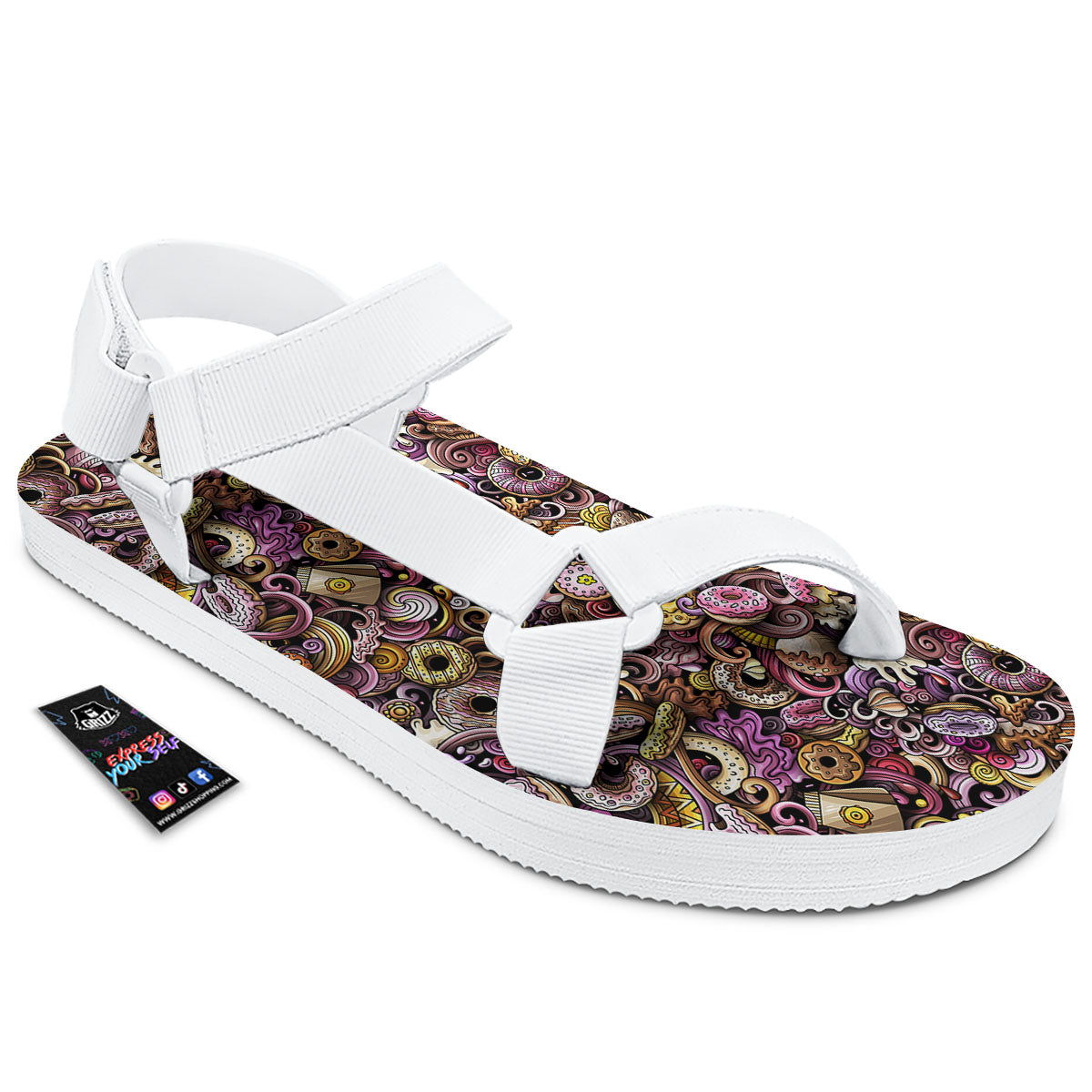 Donut Graffiti Print Pattern White Open Toe Sandals-grizzshop