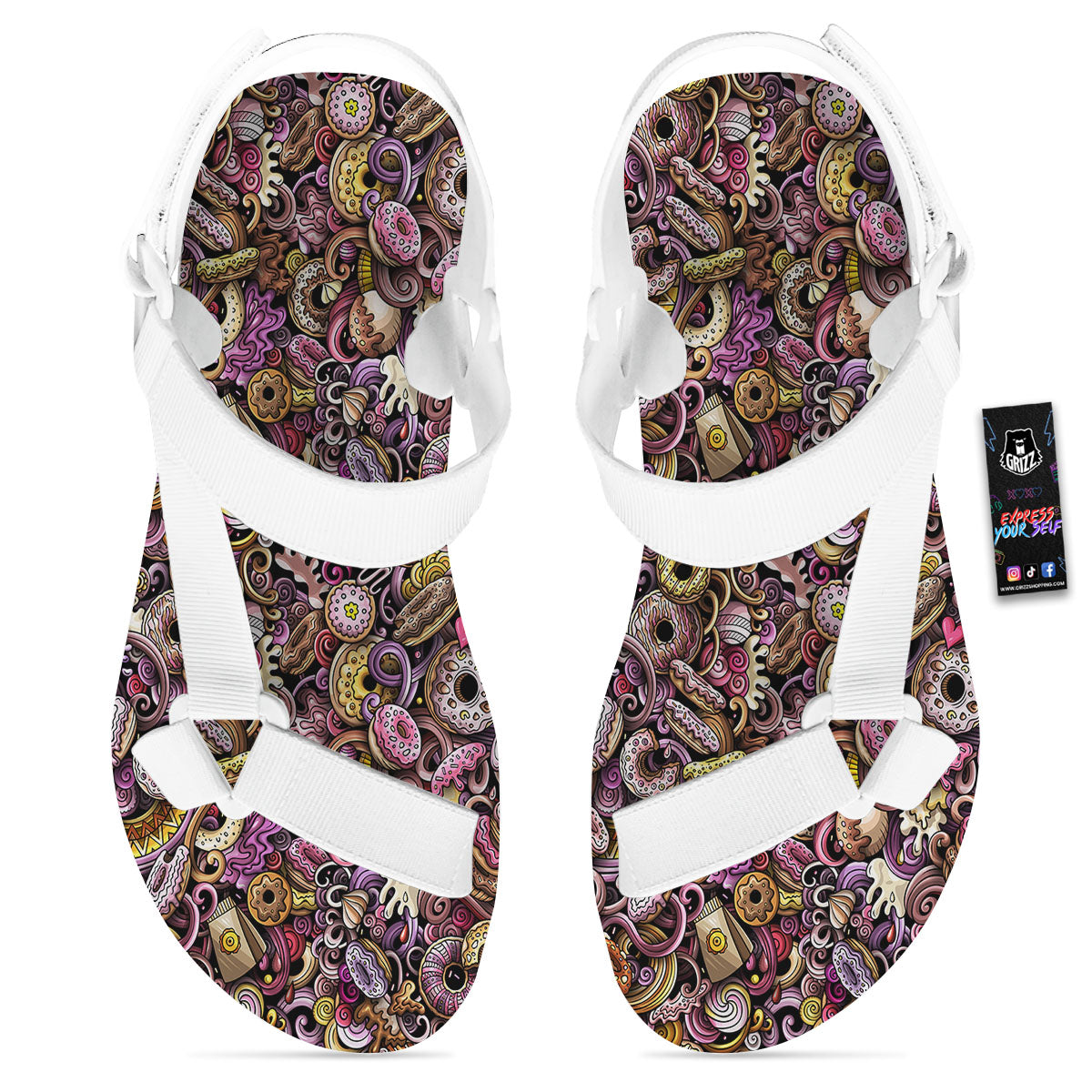 Donut Graffiti Print Pattern White Open Toe Sandals-grizzshop