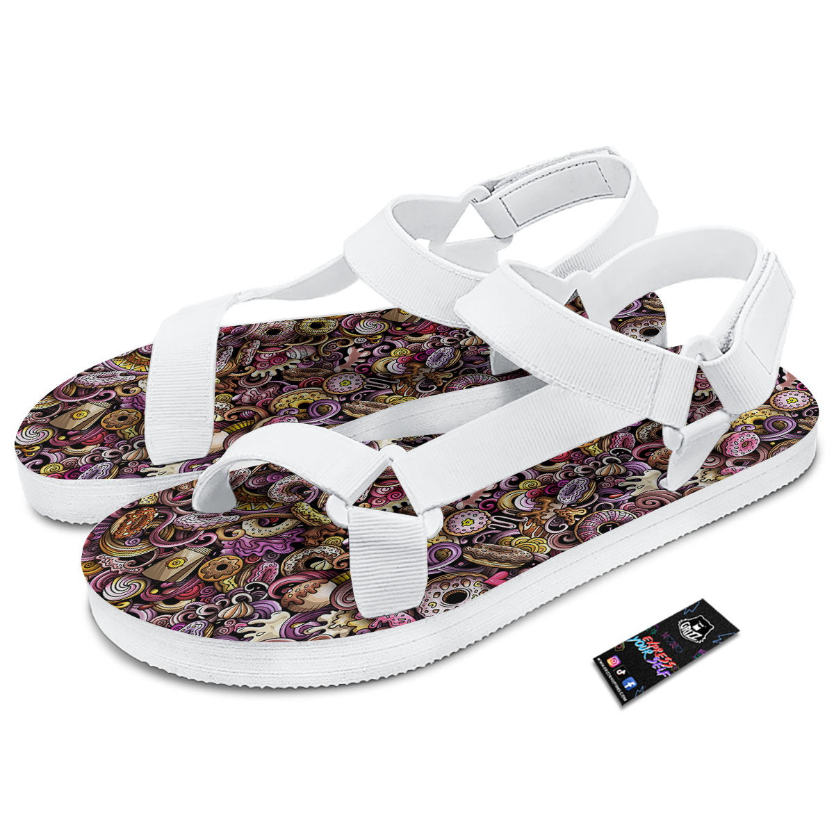 Donut Graffiti Print Pattern White Open Toe Sandals-grizzshop