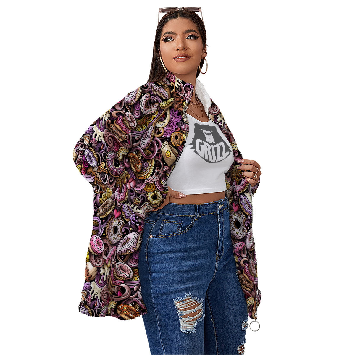 Donut Graffiti Print Pattern Women's Sherpa Jacket-grizzshop