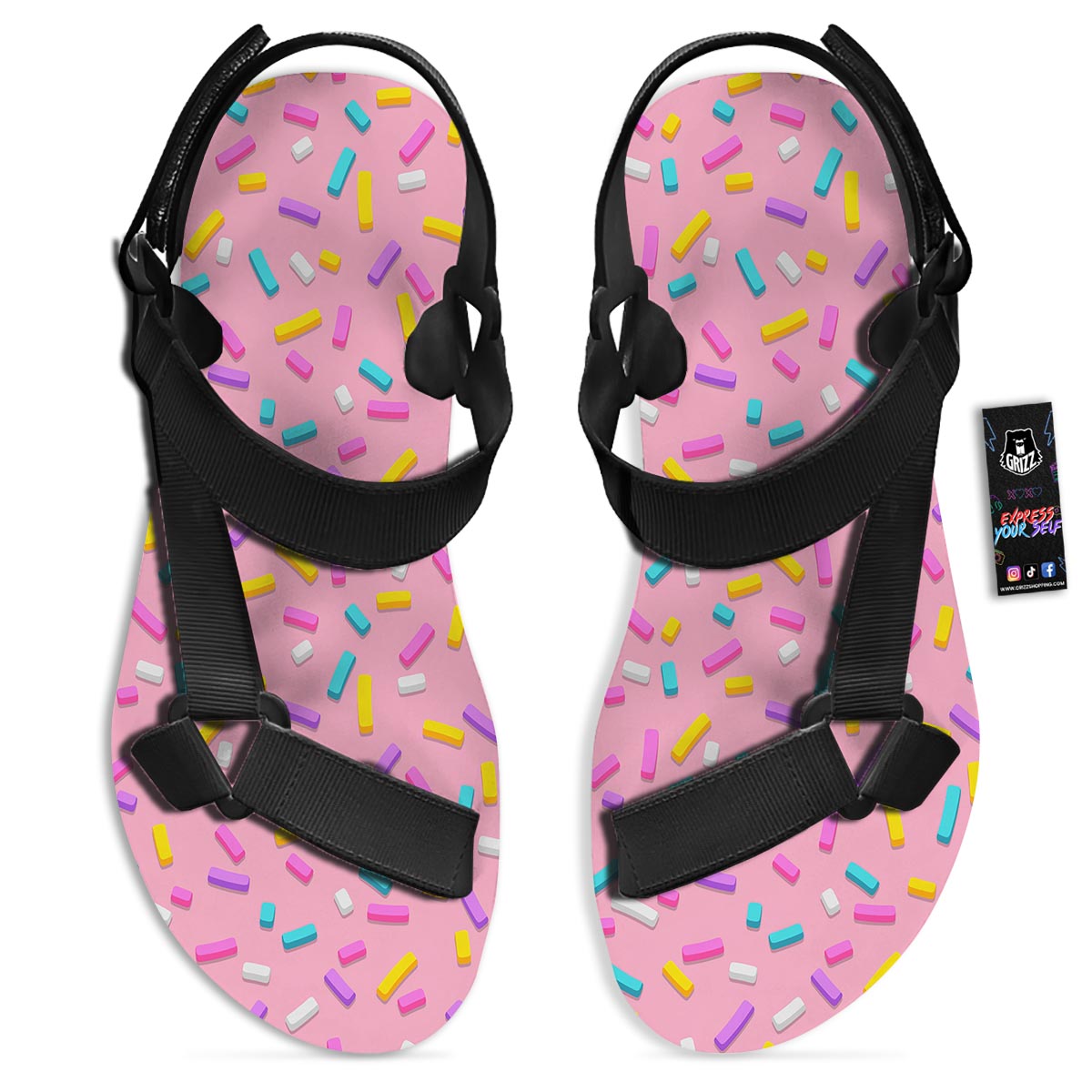 Donut Sprinkles Print Pattern Black Open Toe Sandals-grizzshop
