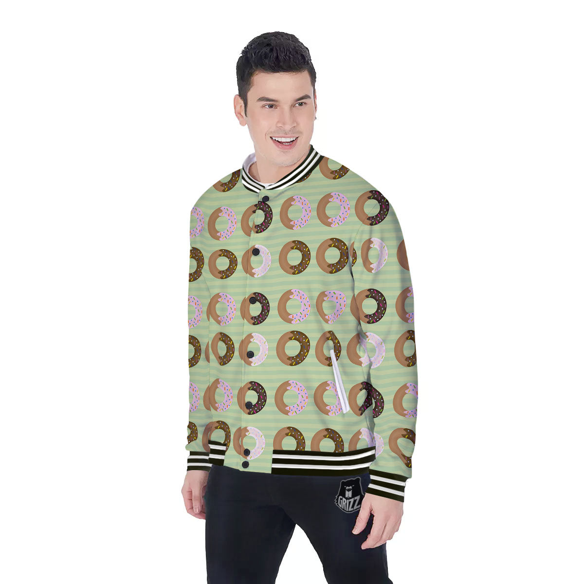 Donut Striped Green Print Pattern Baseball Jacket-grizzshop