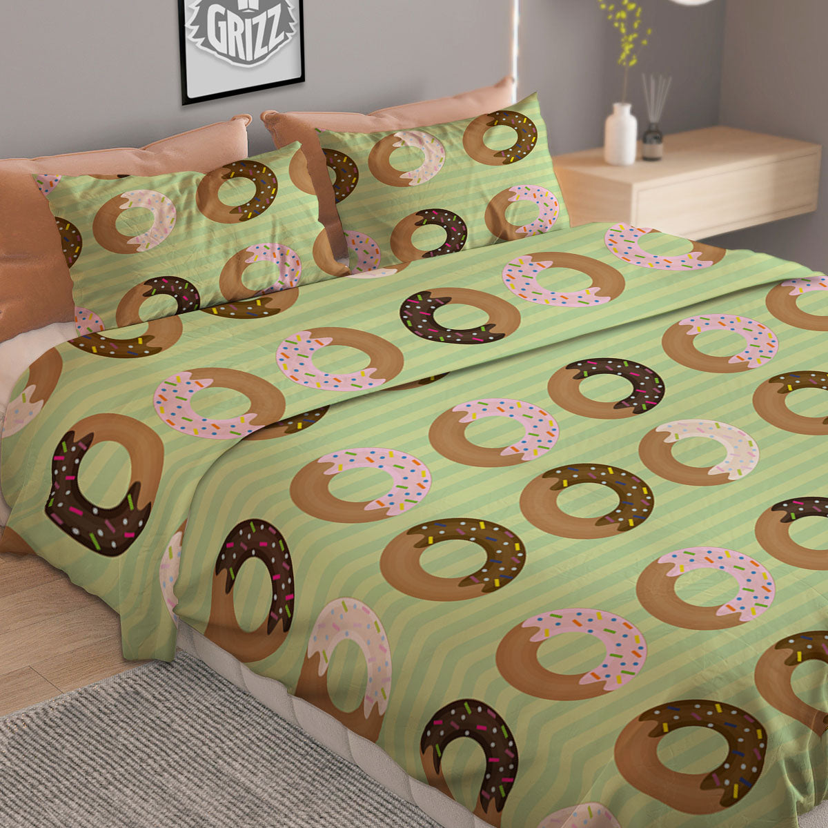 Donut Striped Green Print Pattern Duvet Cover Bedding Set