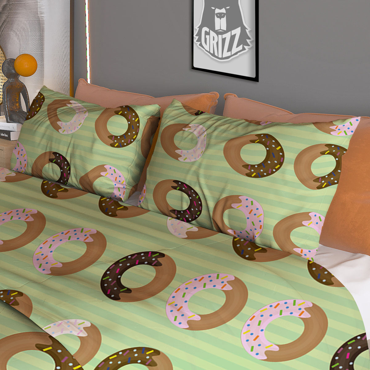 Donut Striped Green Print Pattern Duvet Cover Bedding Set