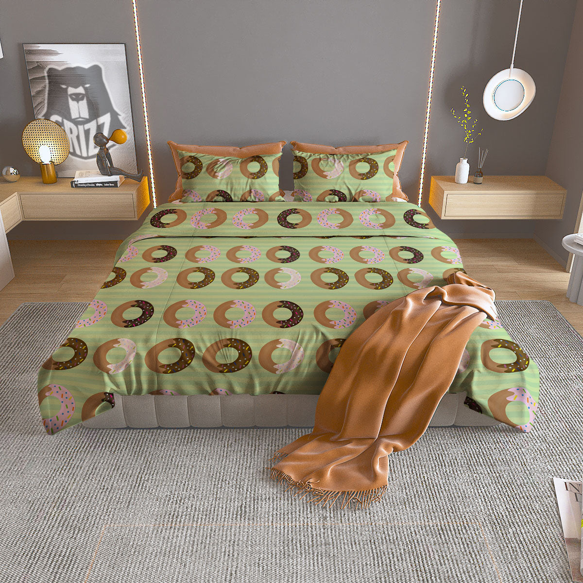 Donut Striped Green Print Pattern Duvet Cover Bedding Set