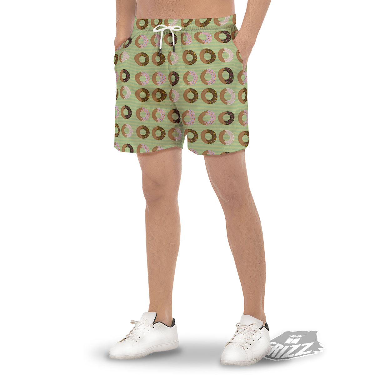 Donut Striped Green Print Pattern Men's Gym Shorts-grizzshop