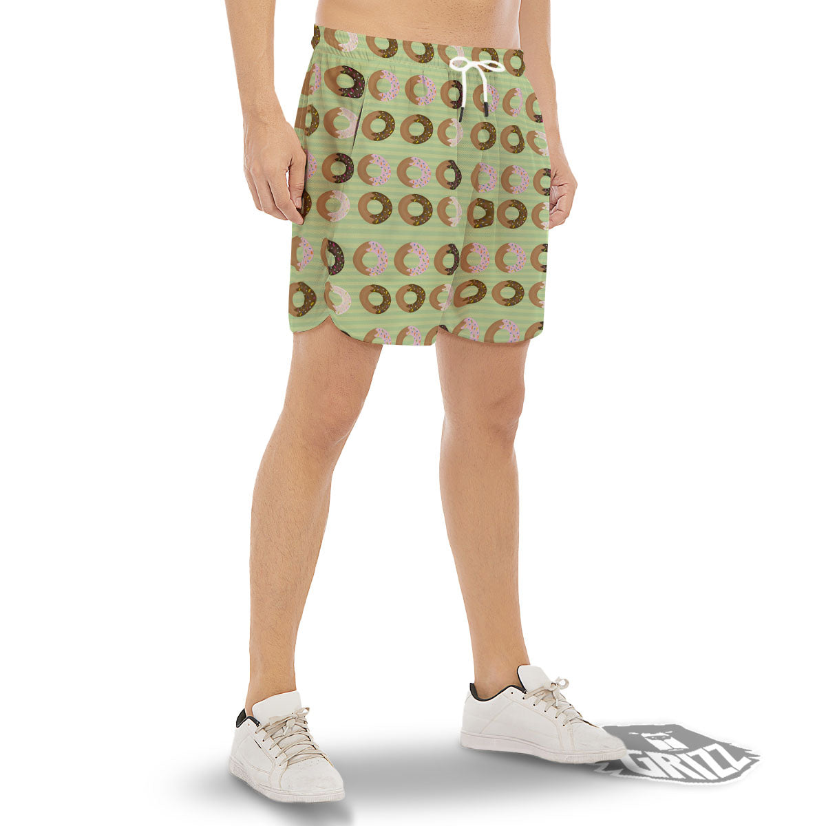 Donut Striped Green Print Pattern Men's Gym Shorts-grizzshop