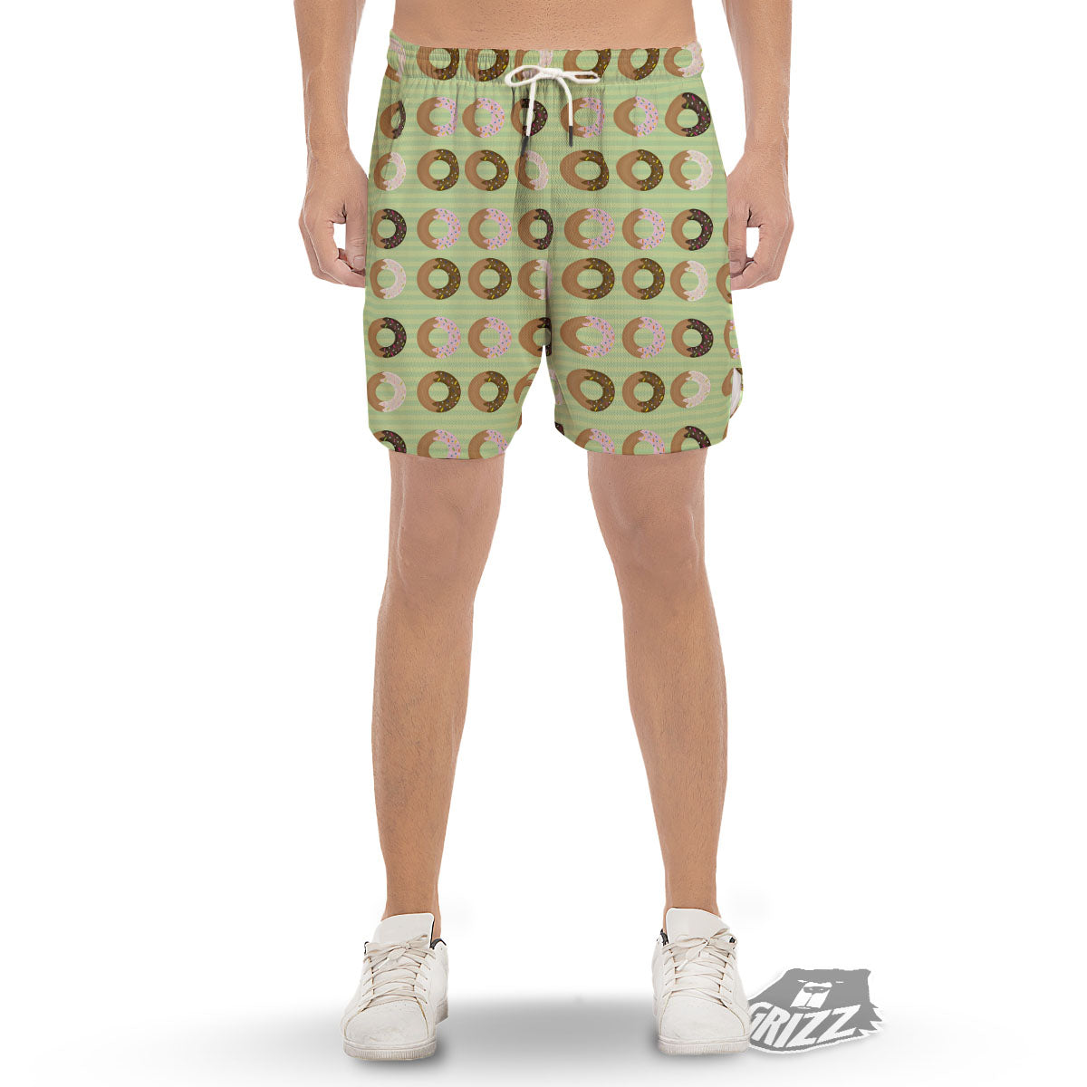 Donut Striped Green Print Pattern Men's Gym Shorts-grizzshop