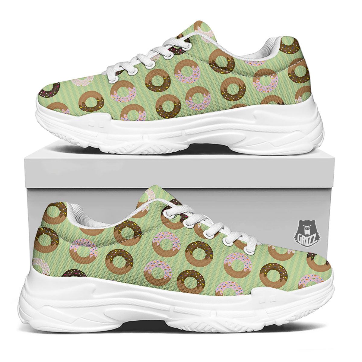 Donut Striped Green Print Pattern White Chunky Shoes-grizzshop
