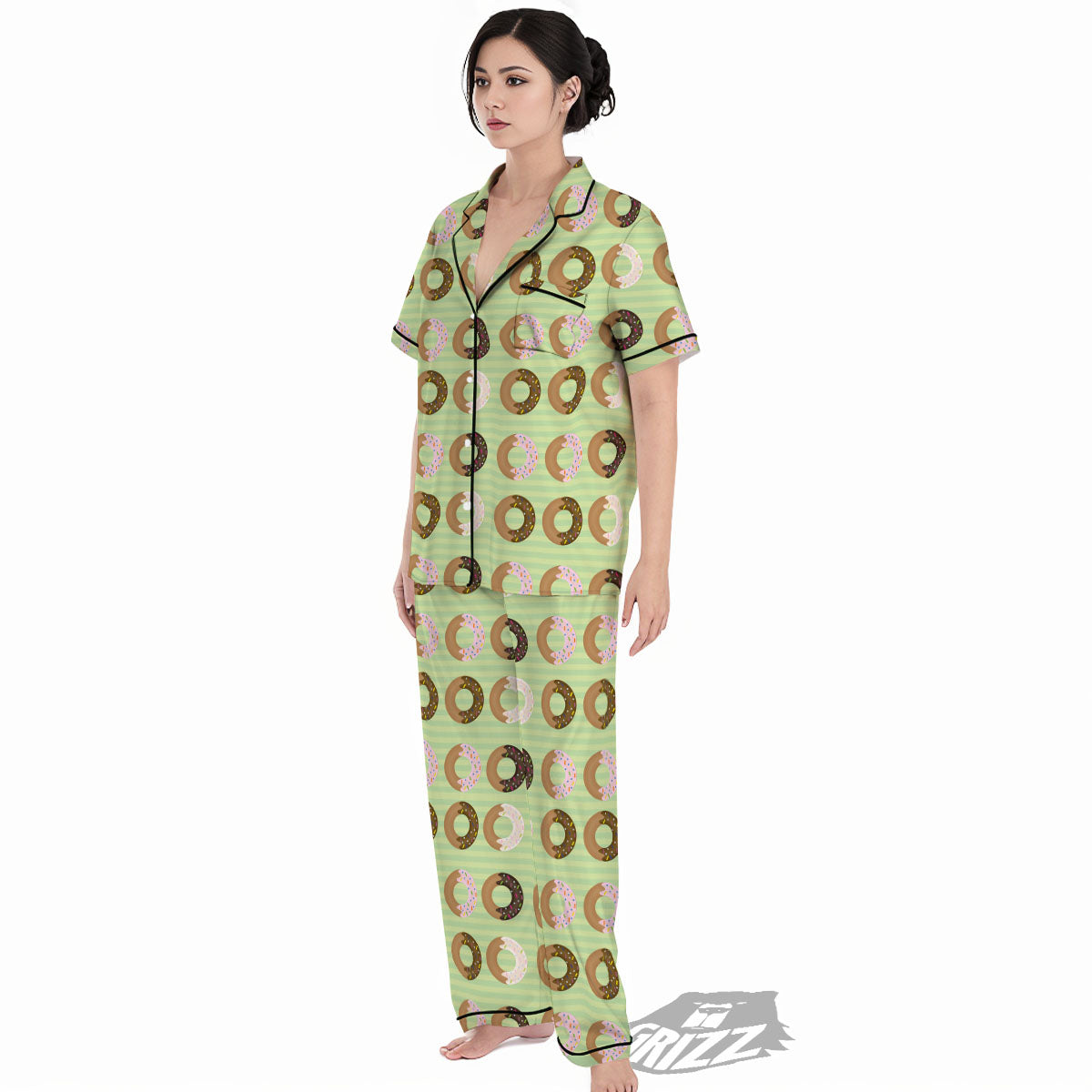 Donut Striped Green Print Pattern Women's Pajamas Set-grizzshop