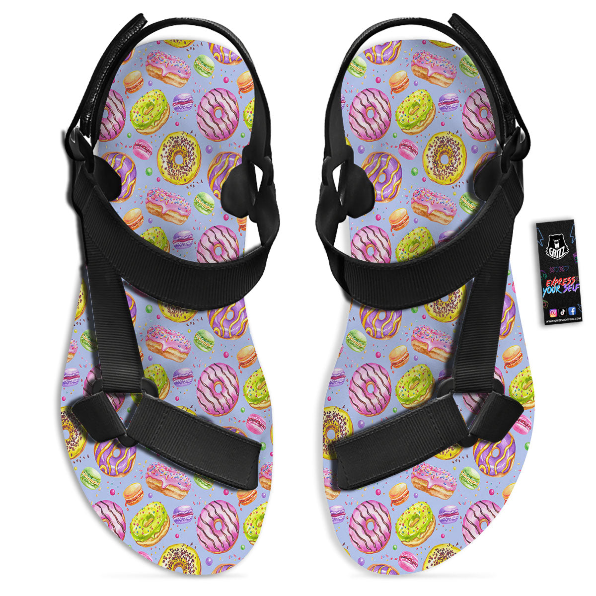 Donuts Print Pattern Black Open Toe Sandals-grizzshop