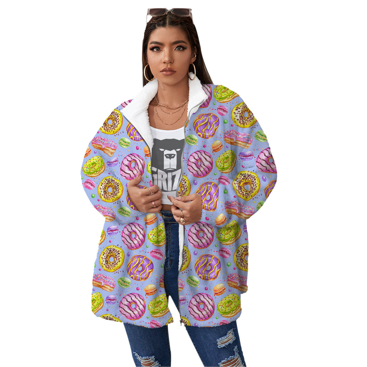 Donuts Print Pattern Women's Sherpa Jacket-grizzshop