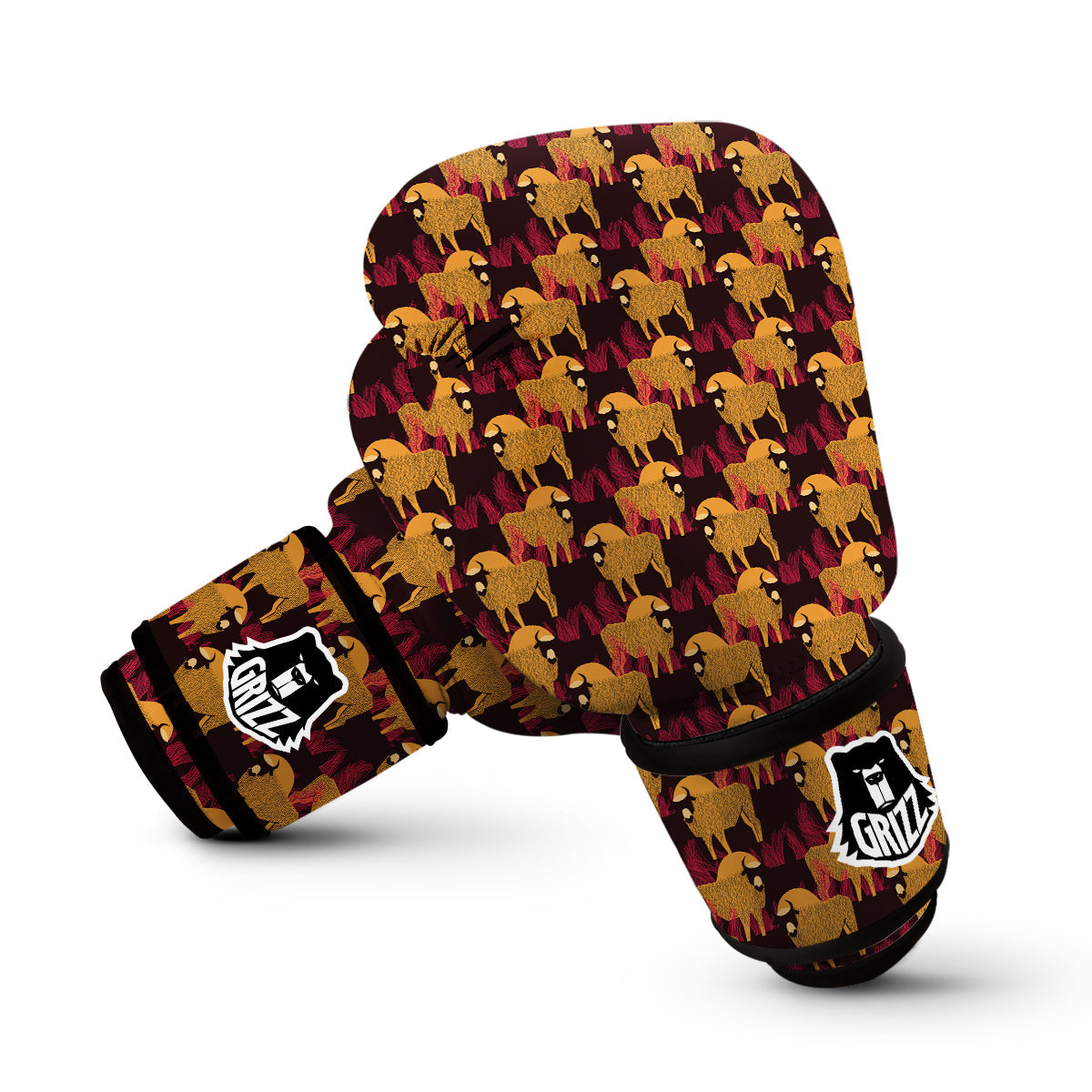 Doodle Bison Print Pattern Boxing Gloves-grizzshop