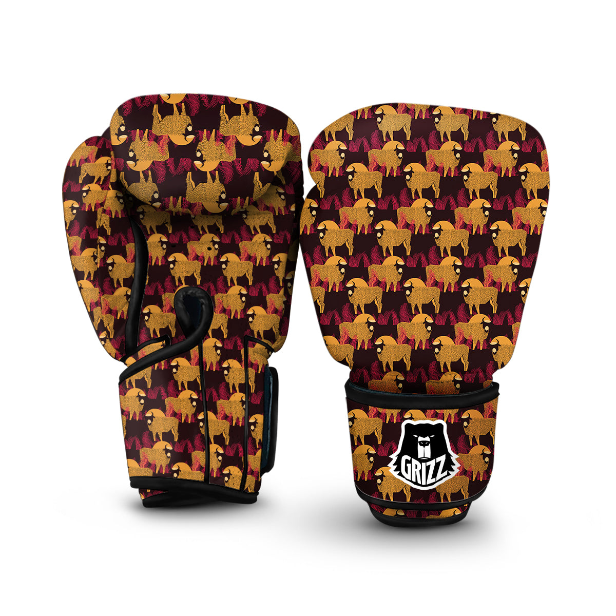 Doodle Bison Print Pattern Boxing Gloves-grizzshop