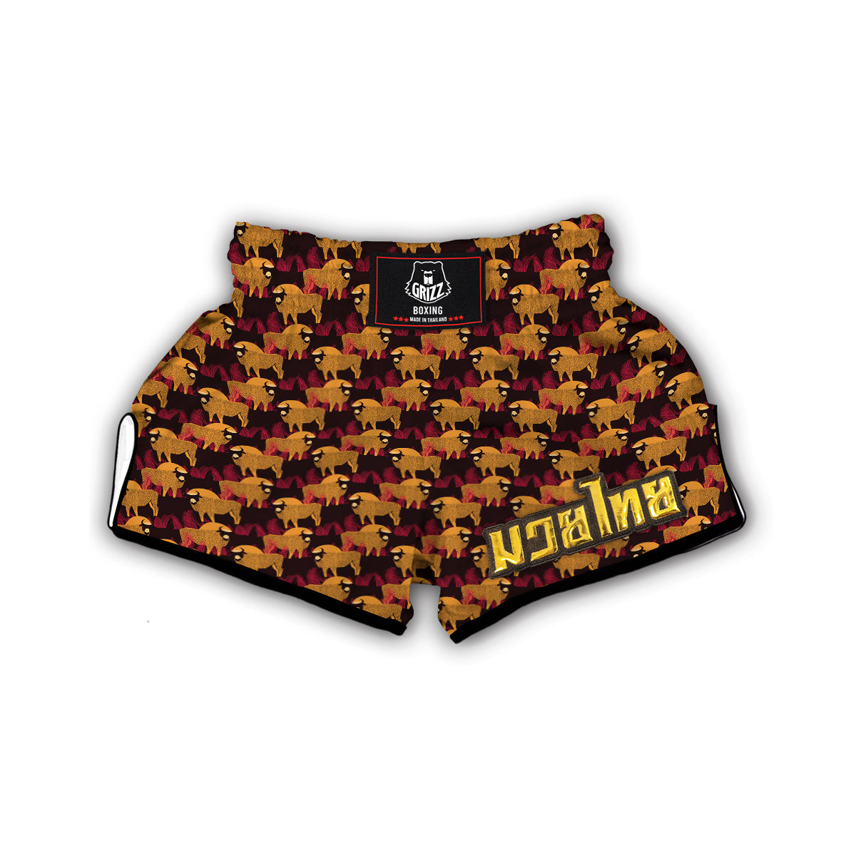 Doodle Bison Print Pattern Muay Thai Boxing Shorts-grizzshop