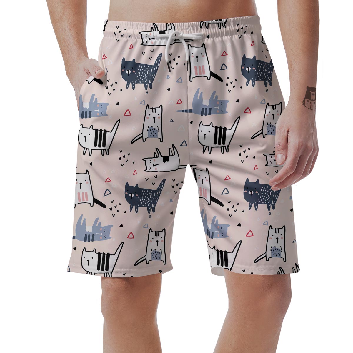 Doodle Cat Print Men's Shorts-grizzshop