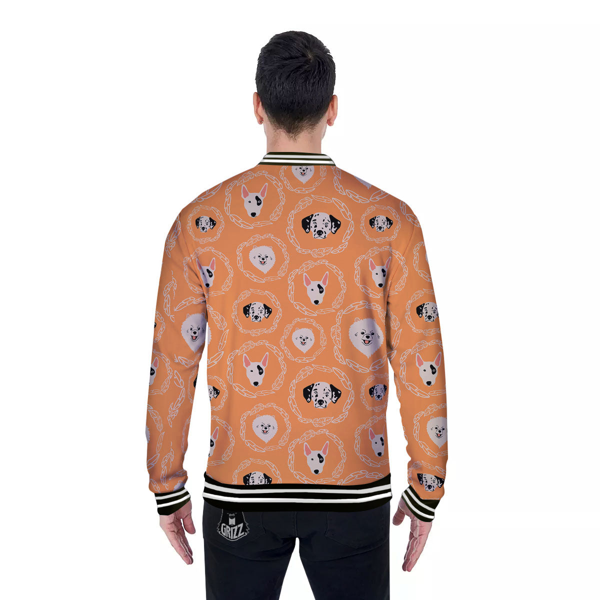 Doodle Dog Orange Print Pattern Baseball Jacket-grizzshop